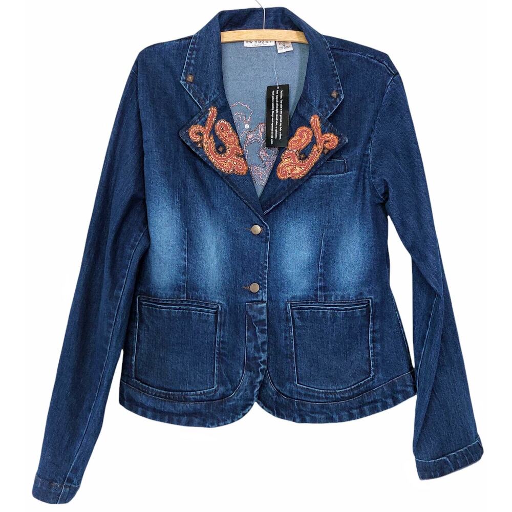 Lew Magram Vintage Denim Jacket 16 Applique Embroidered Y2K Stretch Jean
